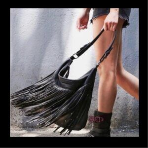 Frye Heidi Handag Studded Black Leather Fringe - Stud Hobo